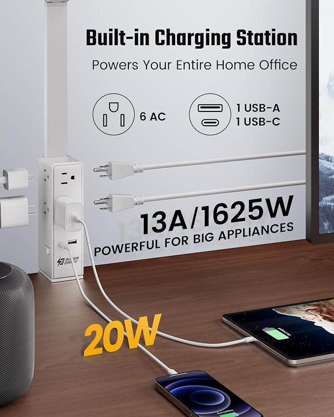 SUPERDANNY LED Desk Lamp Computer Light with Power Strip with Clamp White | 6 Outlets & 1 USB-A, 1 PD 20W Type-C, 13A/1625W, 5 Modes Smooth Dimming, Memory Function, Architect Lampfor Home Office Dorm