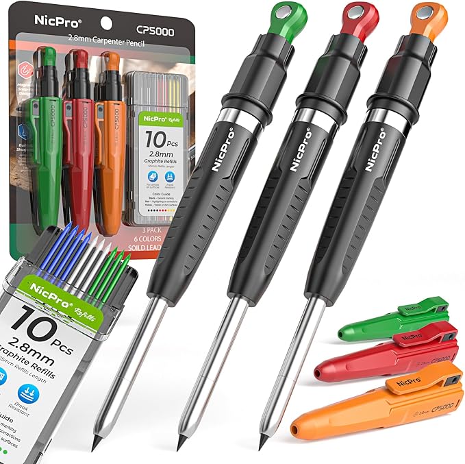 Nicpro 7-in-1 CP5000 Magnetic Carpenter Pencils with Sharpener, 3 Pack Construction Mechanical Pencil+30 Refill, Deep Hole Marker for Construction, Woodworking Pencil, Carpenter Tools for Marking