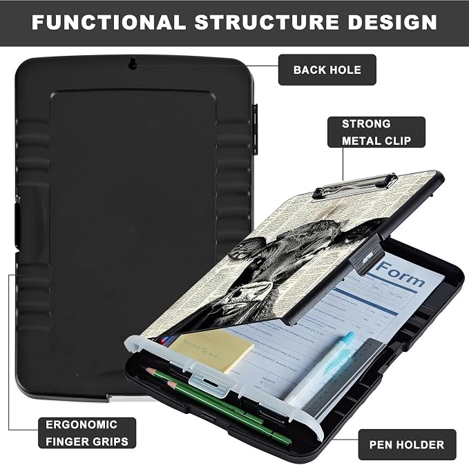 Clipboard with Storage,Storage Clipboard with Pen Holder,Heavy Duty Plastic Storage Clipboard with Low Profile Clip,Teacher Must Haves,Clipboard Folder,Office Supplies,Black and red Cow -1334