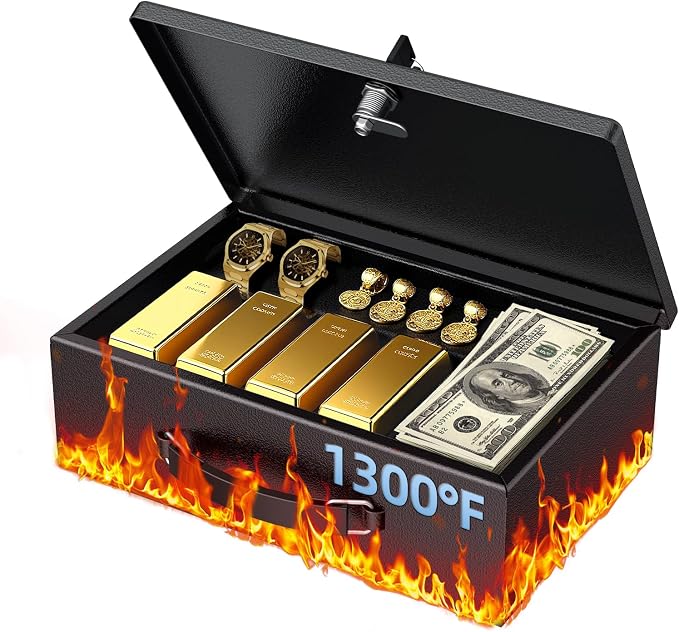 Uniclife Fireproof Document Box with Key Lock & Handle, 12.7" x 8.5" x 4.1" | Water-Resistant, Medium Metal Lock Box, Safe Box for Valuables, Passports & Cash (NOT Fit A4 Paper)
