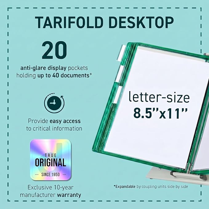 Tarifold Desktop Reference Display System, 20 Pockets, Expandable, Green | 20 double-sided PVC pockets, holds 40 letter-size sheets, sturdy metal base, quick-find indexing, quick and easy to assemble