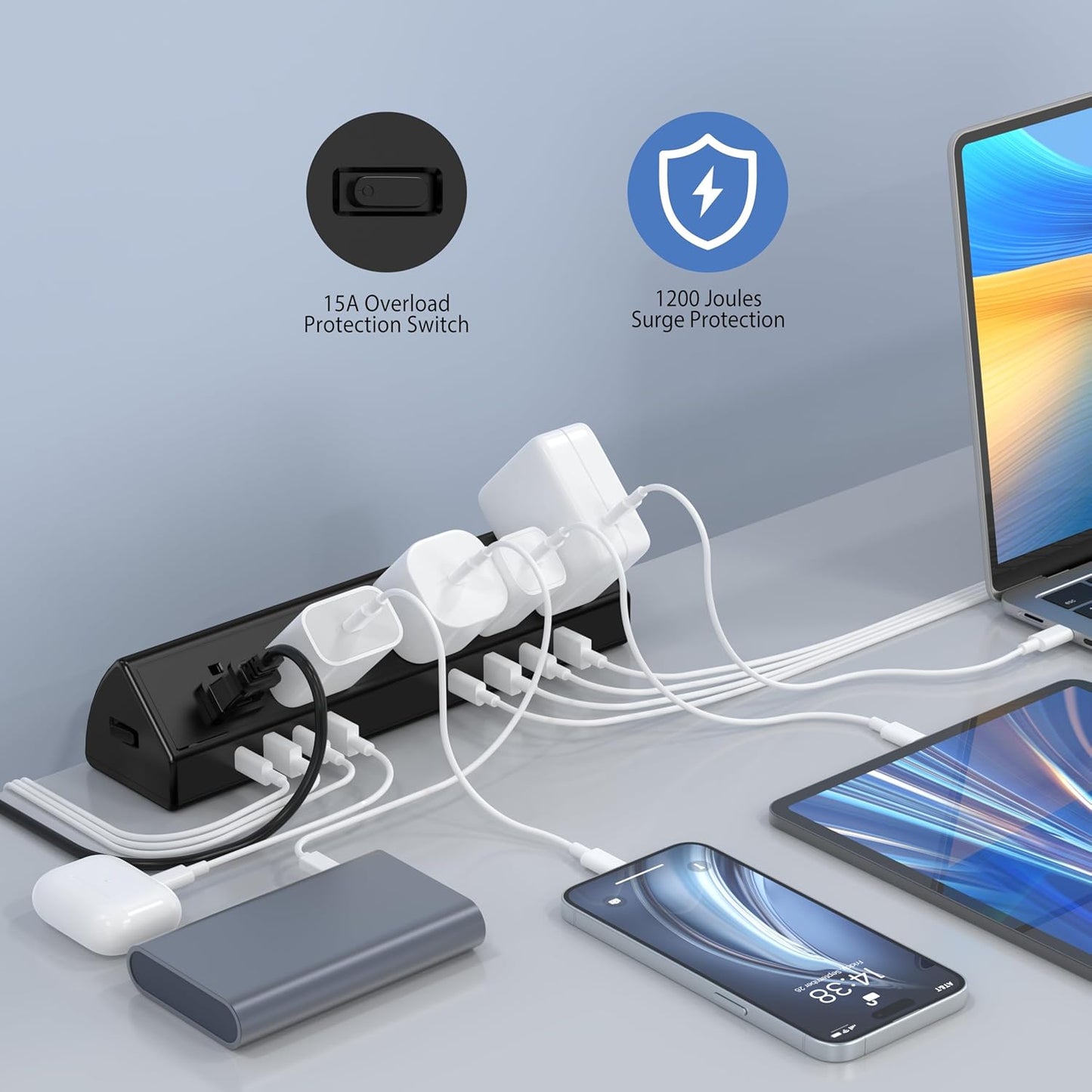 Jgstkcity Desk Clamp Power Strip,45W Fast Charging Station,4 USB-C,4 USB-A,Desk Mount Surge Protector,1875W Extension Cord with Multiple Outlets,ETL Listed,for Home Office Dorm Room