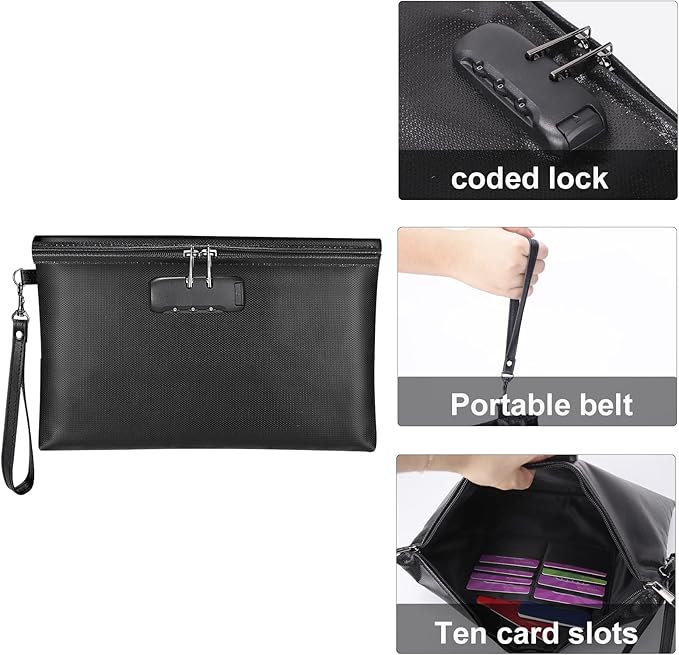 Fireproof Money Bag with Lock, 11.2"x7.6" Fireproof Cash Bag with Zipper Closure, Storage Pouch for A5 Size Document, Cheque, Cash, Cell Phone, Tablet, Credit Card, Passport, Jewelry (Black)