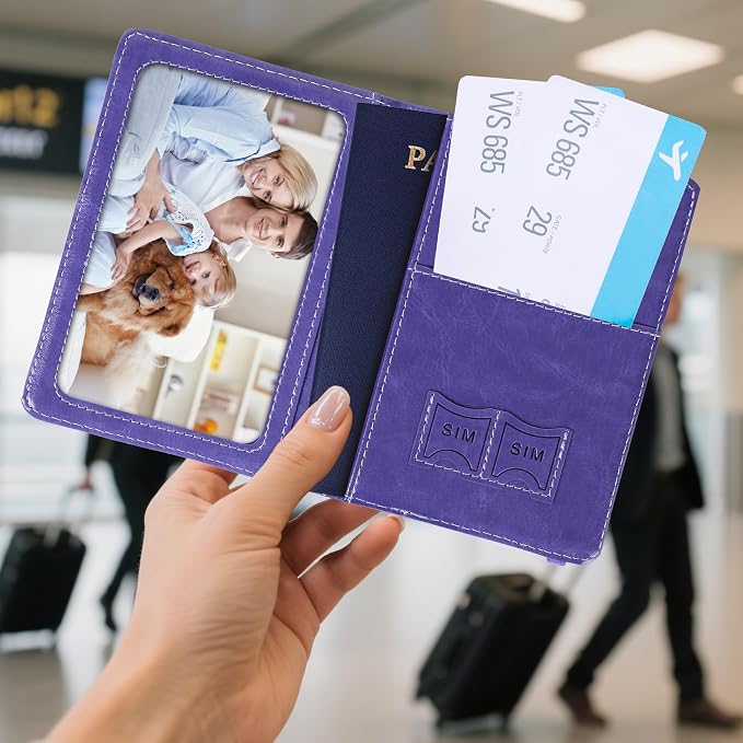 Passport Holder for Travel, RFID Blocking Passport Cover with Pen Holder Leather Passport Wallet Case Travel Must Haves Accessories Passport Book Card Holder for Family Travel Essentials, Dark Purple