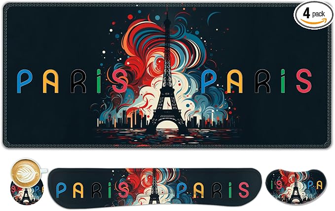 ToLuLu Extended Gaming Mouse Pad, Memory Foam Ergonomic Keyboard Mouse Wrist Rest Support Set, Large Desk Mat with Stitched Edges, Non-Slip Base Mousepad for Home Office and Game, Eiffel Tower Paris