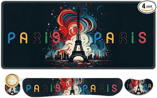 ToLuLu Extended Gaming Mouse Pad, Memory Foam Ergonomic Keyboard Mouse Wrist Rest Support Set, Large Desk Mat with Stitched Edges, Non-Slip Base Mousepad for Home Office and Game, Eiffel Tower Paris