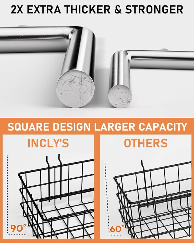 INCLY 100PCS 1/4 Inch Extra Thick Pegboard Accessories Kit with 3 Baskets | Heavy Duty Metal Peg Board Hook Assortment, 3 Sizes Basket S/M/L, Fit 1/4 Inch Pegboard, Garage Wall Organizer Hanging Tools