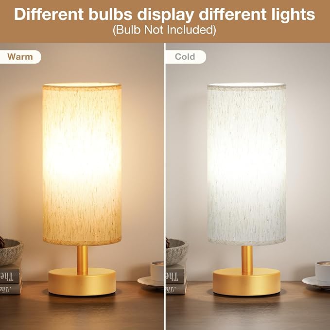 Table Lamps Set of 2 （Cream Shade- Gold Base, 11.6" Inline Control） | Bulb not Included | Small Lamps for Bedroom | Desk Lamp for Reading | for Living Room | for Dorm | Linen Fabric Shade