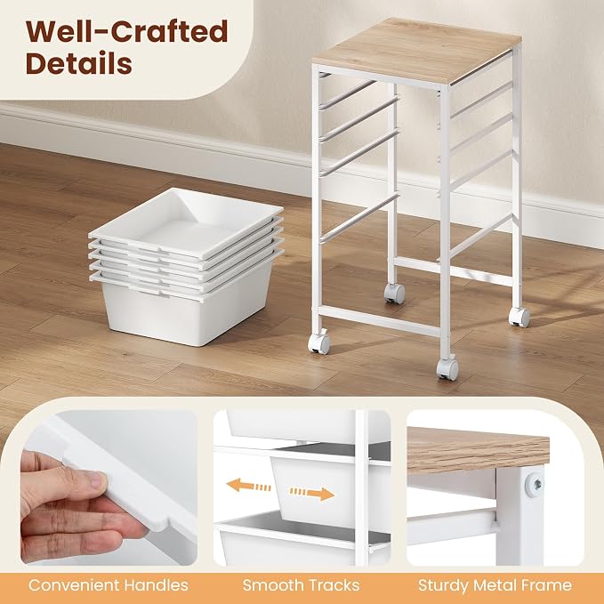 Giantex Rolling Storage Cart with 5 Drawers, Utility Cart w/Wooden Tabletop, Lockable Wheels, Multipurpose Organizer for Art Craft Books Paper, Drawer Carts for Dorm Classroom Office, White