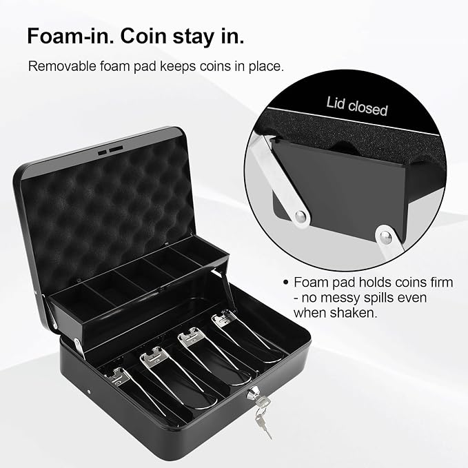 Jssmst Cash Box with Key Lock - 0.9mm Thick Metal Money Box for Garage Sales, Yard Sales and Petty Cash, Portable Cash Drawer with Coin Tray & Spill-Proof Foam Coin Cover, 4 No-Pinch Bill Clips,11.8''