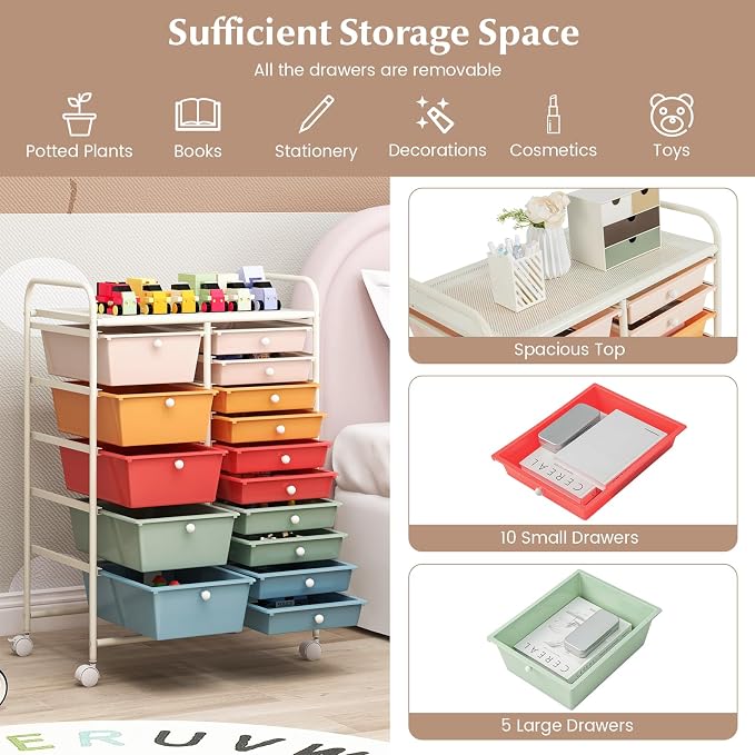 COSTWAY 15 Drawer Rolling Storage Cart, Mobile Storage Organizer | Removable Drawers & Metal Frame, Multipurpose Utility Tools Paper Organizer on Wheels for Home, Office (Macaron)