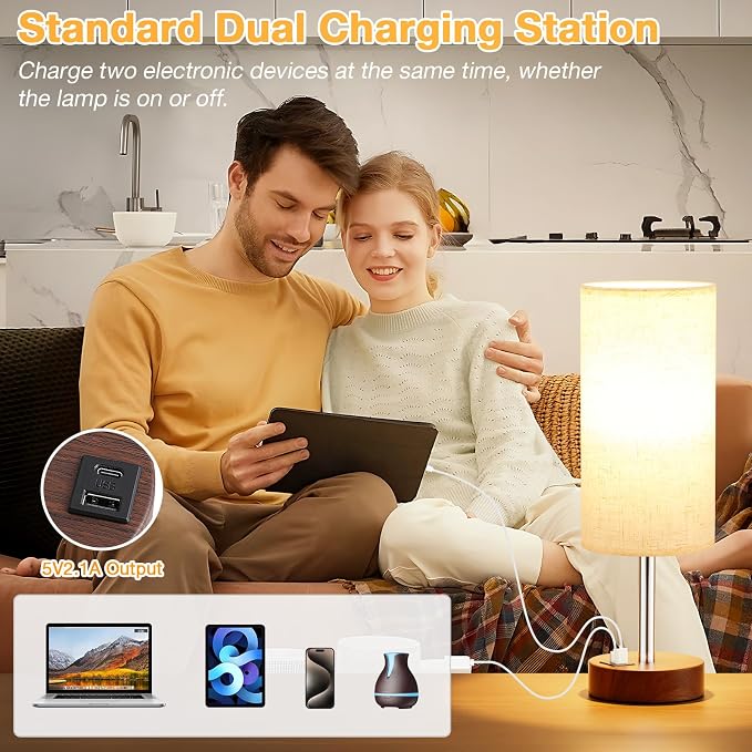 Dicoool Bedside Table Lamp for Bedroom - 3-Way Dimmable Touch Lamp, USB A+C | LED Bulb Included, 14" Small Nightstand Lamp for Desk, Living Room, Guest Room, Cream Fabric Lampshade, Redwood Metal Base