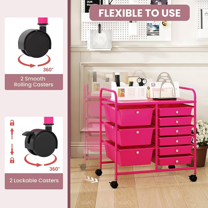 COSTWAY Rolling Storage Cart with 9 Drawer, Utility Cart with Metal Frame | Mobile Art Supply Craft Organizer, Multipurpose Storage Organizer for Paper, Office, School Teacher, Classroom, Hot Pink