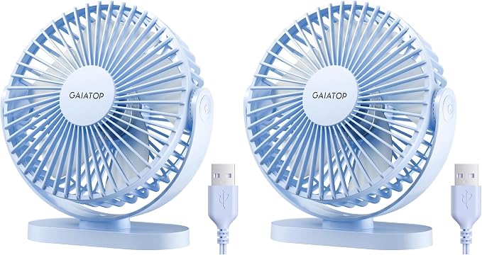 Gaiatop USB Desk Fan, 5.5 Inch Small Quiet Powerful 3 Speeds 90° Rotate, Personal Mini Portable Desktop Table Fans, Cooling for Home Office Car Travel Indoor Outdoor Blue (Pack of 2)