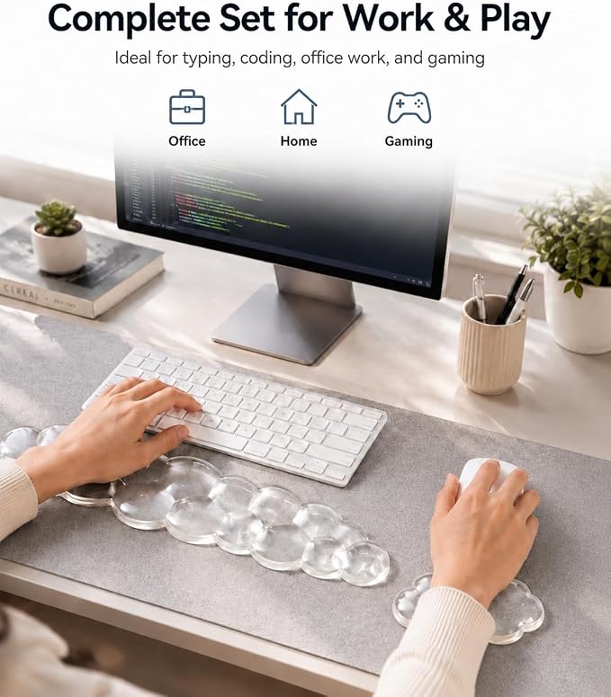 Ergonomic Gel Keyboard Wrist Rest Set, Soft Gel Palm Rest for Keyboard and Mouse, Clear Wrist Support Pad for Typing and Gaming Pain Relief, Non-Slip Base for Computer Laptop (Cloud)