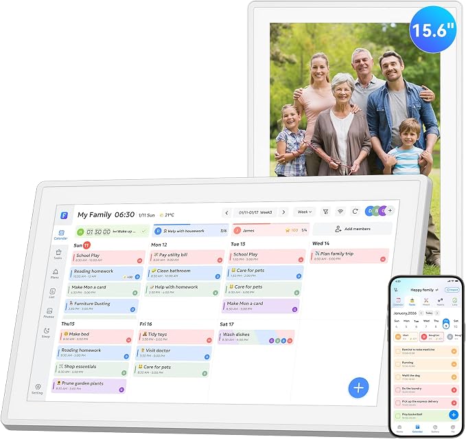 15.6" Smart Digital Calendar - No Subscription Family Hub with Calendar Sync, Meal Planner, Photo & Video Display, Touch Screen, Wall & Desk Mount, Gifts for Women Men (White)