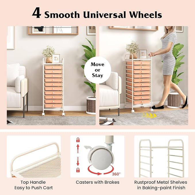 Storage Cart, Rolling Utility Cart with 10 Drawers, Portable Handles & Lockable Wheels, Mobile Paper Toys Storage Organizer Large Capacity for Home Office School Teacher (Peach)