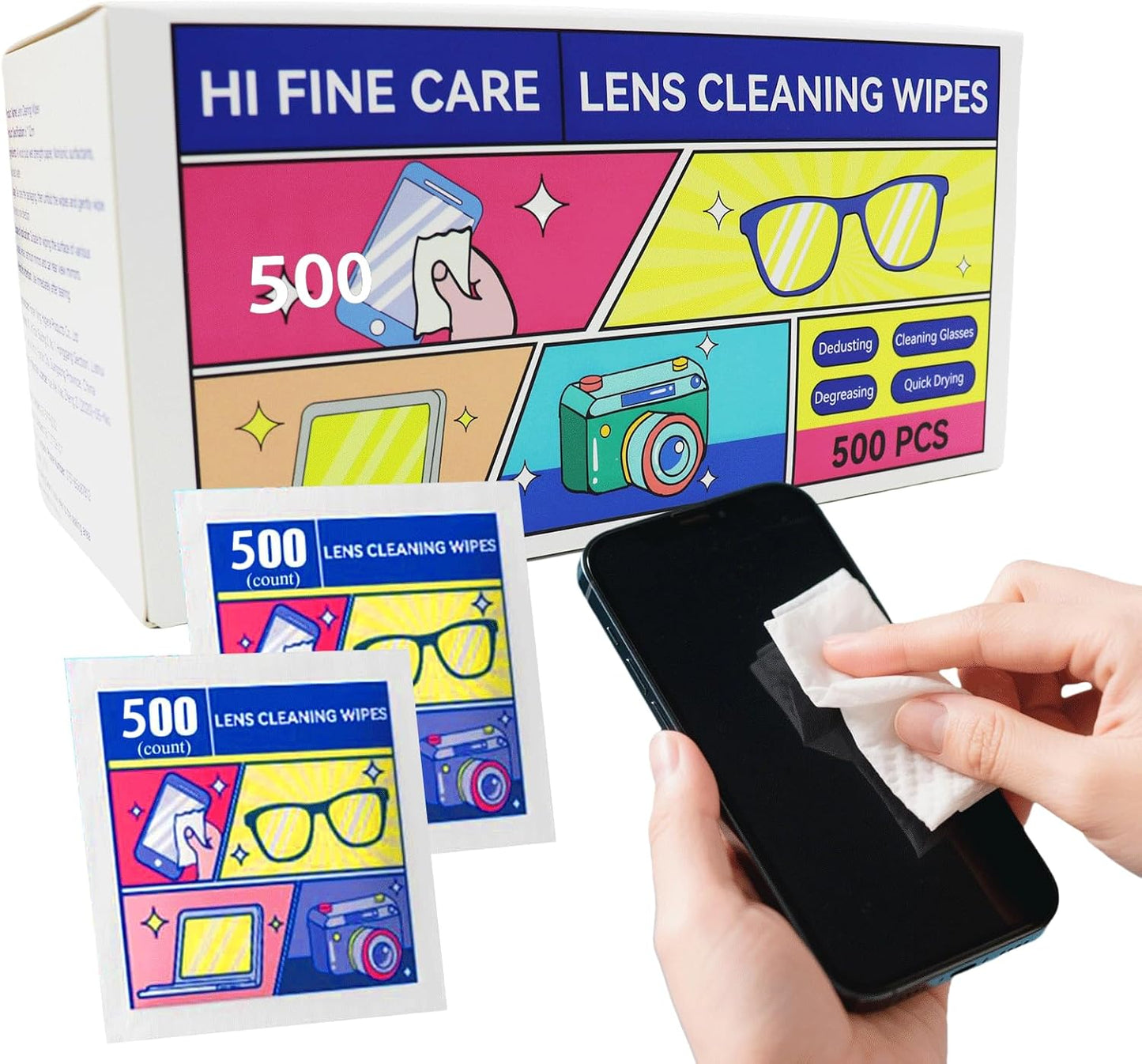 Pre-Moistened Lens Cleaning Wipes,500 Pcs Cleaning Wipes for Glasses, Computer & Laptops Screens, Smart Phones, Optical Lens, Goggles, and Watch Screen l Quick-Dry and Scratch-Free