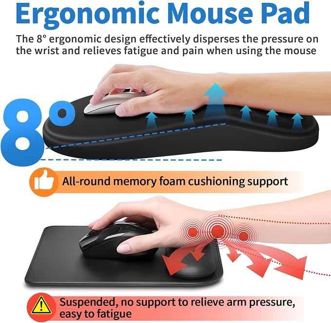 YIWEI Ergonomic Mouse Pad with Wrist Rest for Carpal Tunnel Pain Relief | Memory Foam Wrist Support,Non-Slip Rubber Base, Keyboard Computer Mousepad,Lycra Cloth Surface,Gaming Home Office,Black