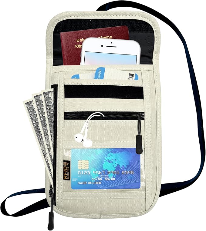 RFID Blocking Travel Neck Wallet Pouch and Passport Holder, Travel Neck Pouch Passport Holder for Women & Men - Beige
