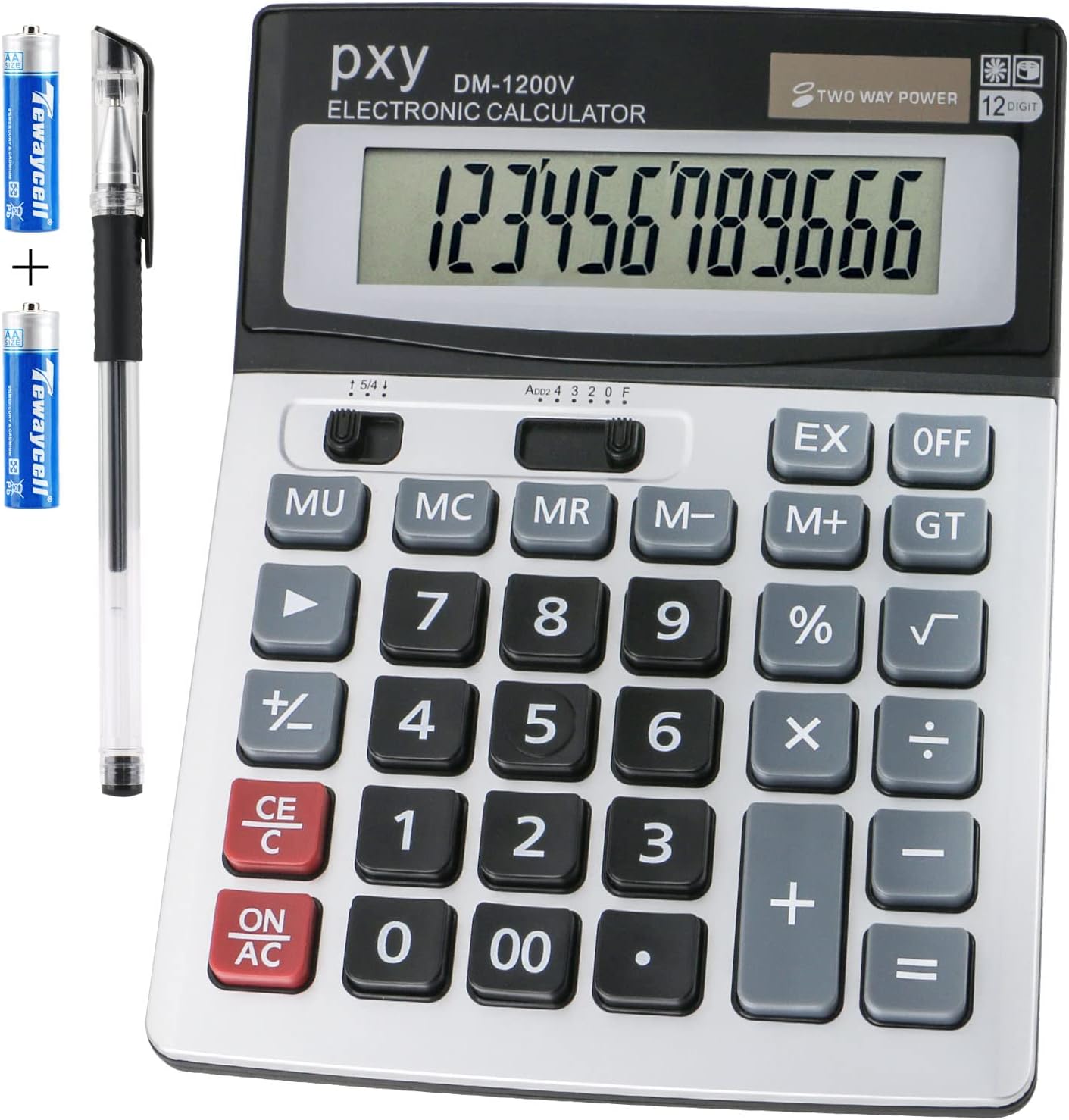 Desk Calculator 12 Digit Extra Large LCD Display, Touch Comfortable with Big Buttons, PXY Two Way Power Battery and Solar Standard Function Office Calculators
