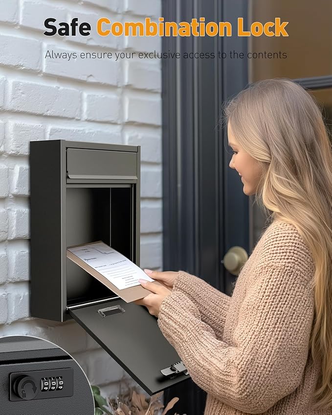 Uniclife Wall Mount Mailbox for Outside, Large Locking Mailbox with Combination Lock, Security Mail Box for House, Safe Key Drop Box, Post Box, Steel Cash Drop Box for Home Office School, Black