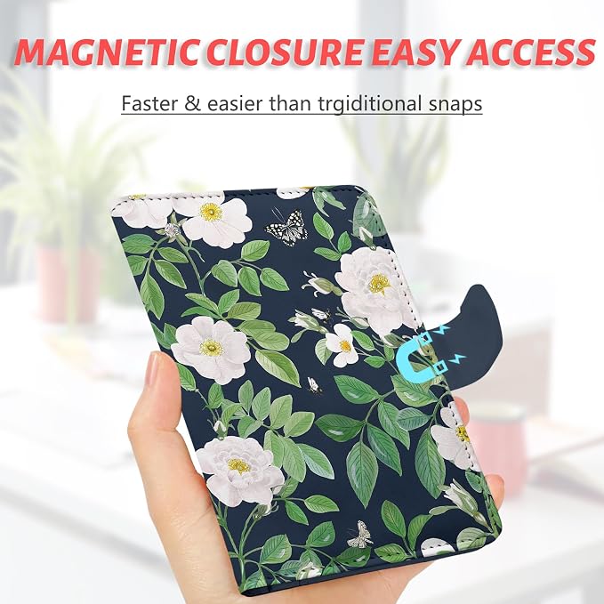 Passport Holder, Cute Travel Wallet Cover with RFID Blocking,flower | PU leather travel wallet with magnetic closure, card slots, pen loop, and easy access for passports and essentials.