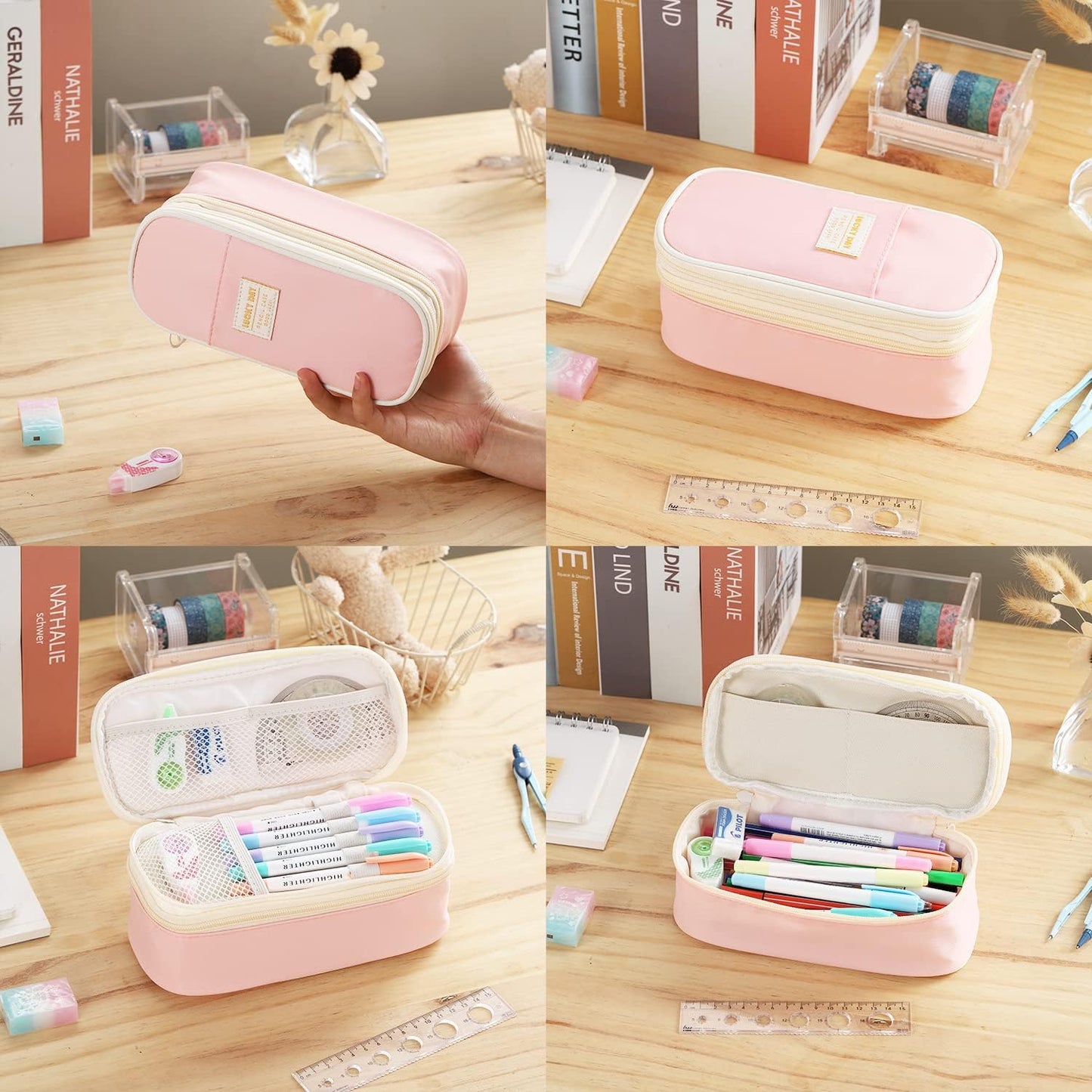 Dugio Big Pencil Case for Girls Organizer Pencil Bag with Zipper Pencil Pouch for School Teens Kids Aesthetic Large Pencil Pouch Pink