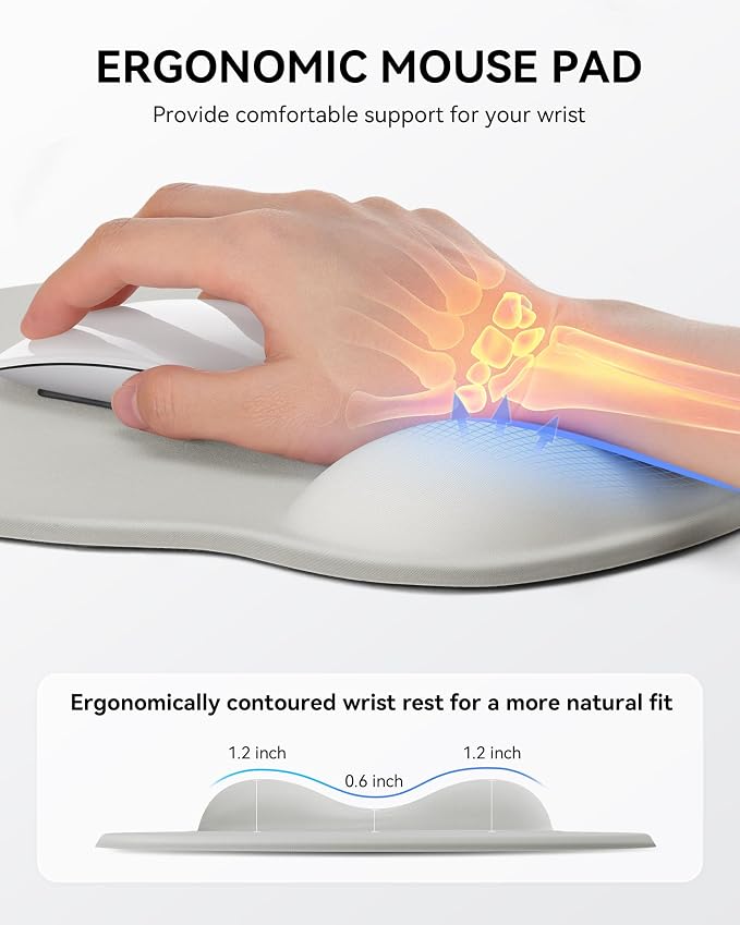 Mouse Pad with Wrist Rest for Desktop Large Ergonomic Mouse Mat(Light Gray) | 10.6''L x 9''W Size, Gel Wrist Support, Non-slip Base, Washable Surface, Laptop Mousepad