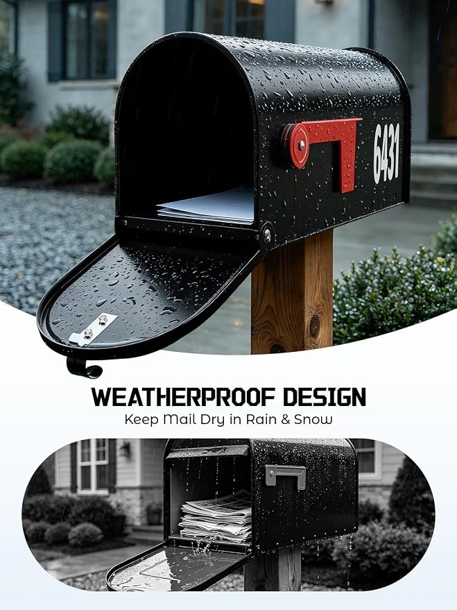 AZUNO Mailboxes for Outside, Black Metal Post Mount Mailbox with Red Flag & Address Numbers, Medium Capacity Mailbox for House,Galvanized Steel,19 * 8.9 * 7.1 inches