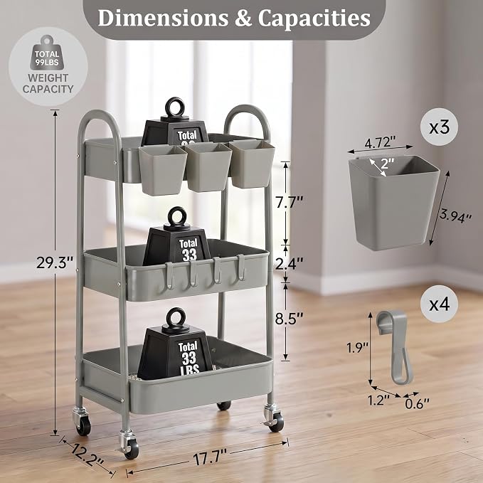 3-Tier Rolling Cart, Metal Rolling Storage Cart with Lockable Wheels & Hanging Cups & Hooks, Mobile Trolley Cart for Kitchen, Bathroom, Office, Workshop, Gray