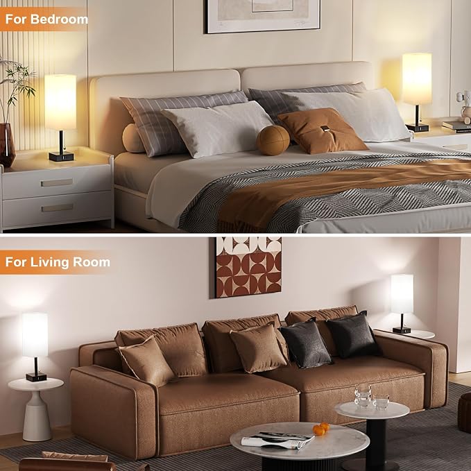 Set of 2 White Bedside Table Lamps for Bedroom - Nightstand Lamp, USB C+A | Pull Chain Lamp, 3 Color Modes(3000K/4000K/5000K), E26 LED Bulb Included, Square White Fabric Lampshade, for Read, Work, Dorm