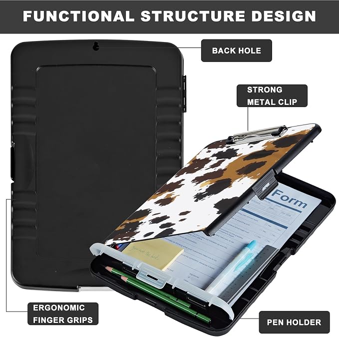 Clipboard with Storage,Storage Clipboard with Pen Holder,Heavy Duty Plastic Storage Clipboard with Low Profile Clip,Teacher Must Haves,Clipboard Folder,Office Supplies,Cow Leopard -1340