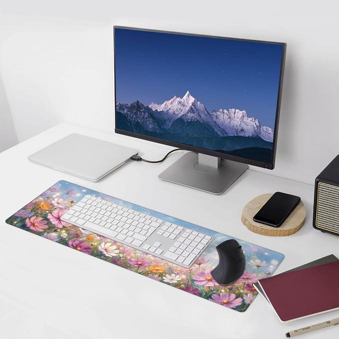 Flowers Gaming Mouse Pad Large Extended Desk Mat Non-Slip Rubber Base Keyboard Pad with Stitched Edges for Office Gaming 31.5x11.8 in