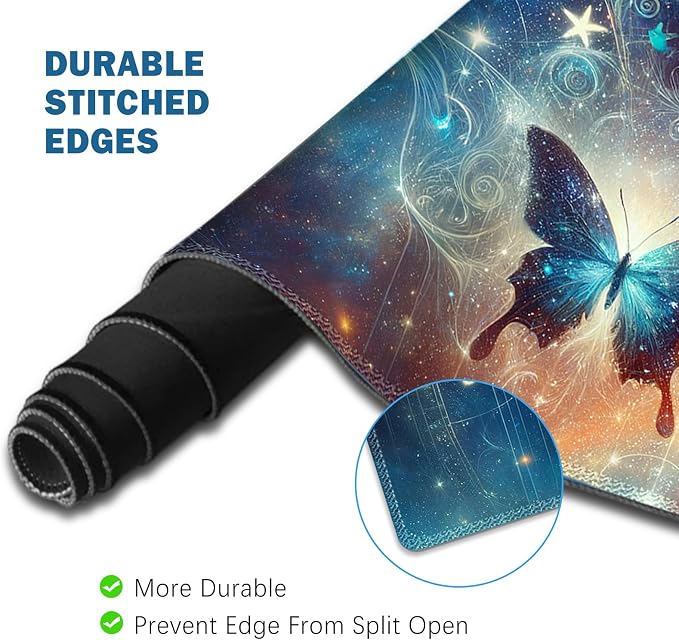 ToLuLu Large Mouse Pad Desk Pad Set, Wrist Rest Support Desk Mat for Keyboard and Mouse, 4PCS 35.4”x15.7 XXL Giant Mouse Pad, Non-Slip Base Stitched Edges Mousepad Home Office, Glittering Butterfly