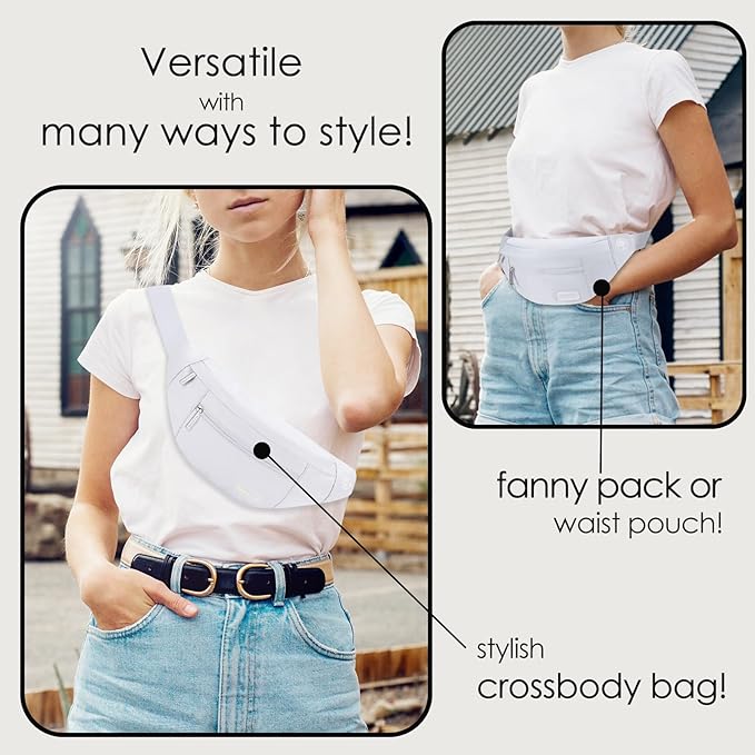 Large White Fanny Pack Sling Bag Trendy Travel Essentials for Women Men | Stylish,4-Zipper Pockets,Adjustable Belt,Fashion Cross Body Bag for Enjoy Yoga Traveling Workout Running Shopping