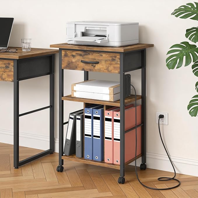 Rolling File Cabinet, Printer Stand with Dividers and Charging Station, Mobile File Cart with Fabric Storage Drawer and Lockable Wheels for Home Office, Fits Letter/Legal/Files