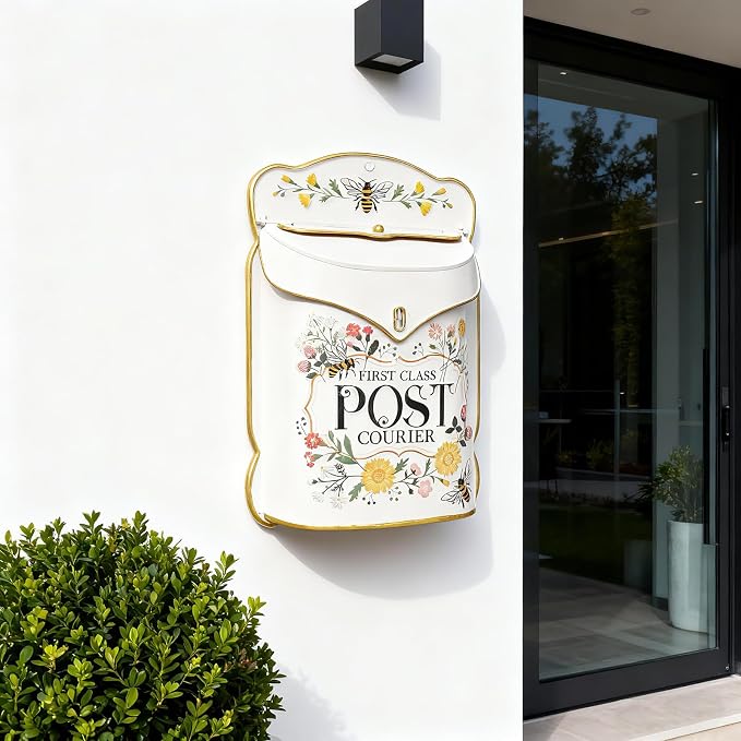 Wall Mount Mailbox for Outside Vintage Mail Boxes for House Outside Metal Door Mailbox Drop Box Antique Style Nostalgic Charm Home Decorative, Flower Pattern, Pink
