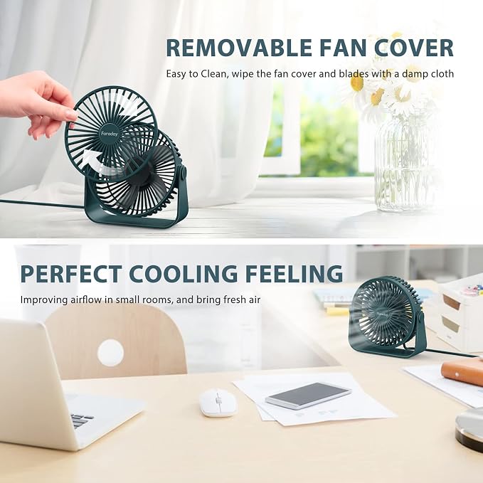 FARADAY USB Desk Fans 5 Inches Portable Table Fans 360° Head Rotation Small Personal Desktop Fan for Home Office, 3 Speeds, Deep Green