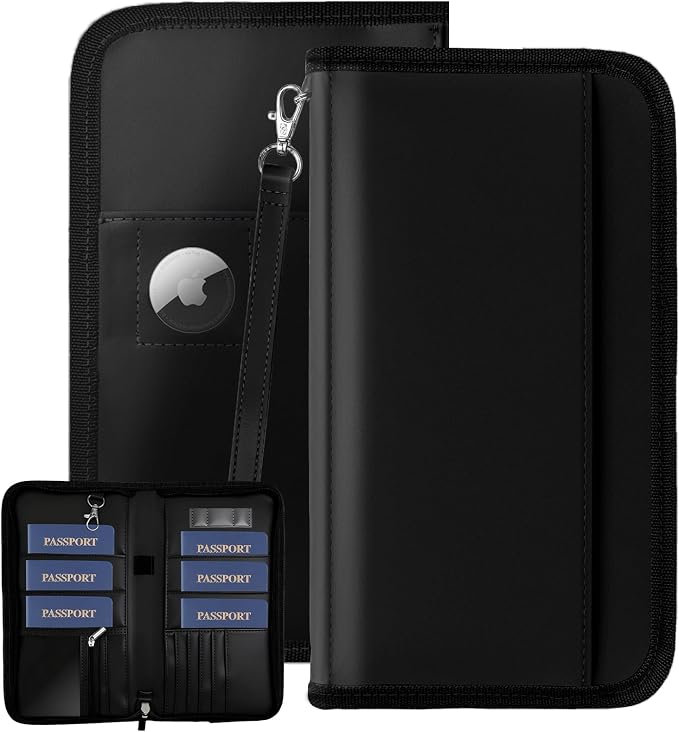 GOAUS Passport Holder for Travel with AirTag Slot, for Family of 4 to 6 | Multiple, Travel Document Organizer, Cards Cash Pockets, RFID Blocking, Waterproof, Gifts, Faux Leather, AirTag Not Included