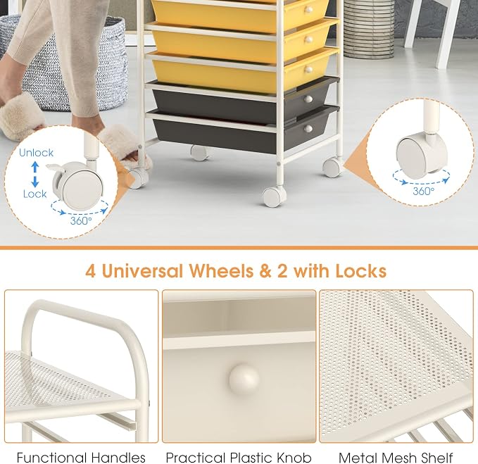 GLACER 10 Drawers Rolling Cart, Storage Cart with w/Removable Drawers & Steel Frame, Utility Mobile Trolley w/Universal Casters & 2 Brakes, Organizer Cart for Home, School, Office (Yellow)