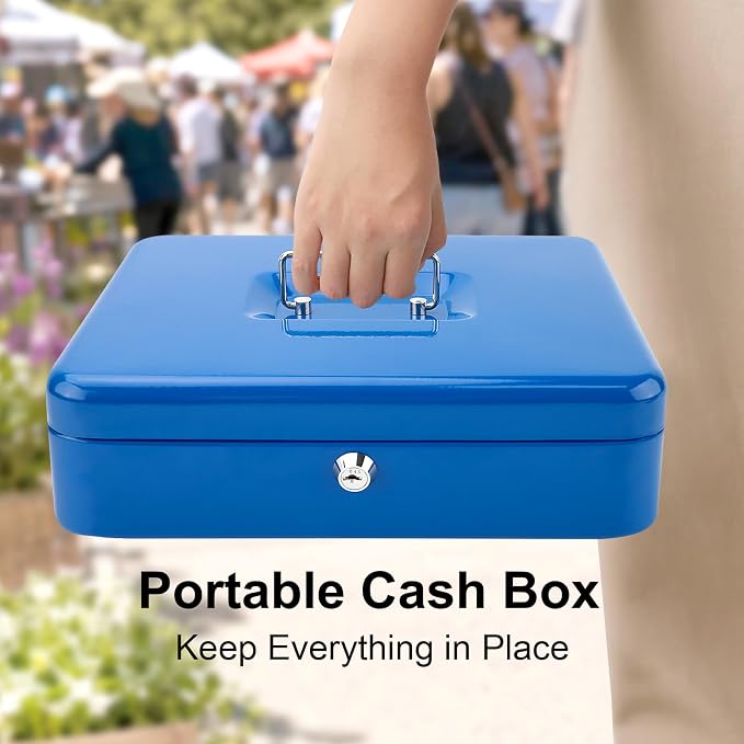 Jssmst Locking Metal Cash Box with Coin Lid, 11.8L x 9.5W x 3.5H Inches, Safe Money Box with Key Lock, Blue, SM-CB0513BL
