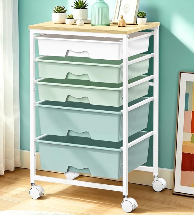SUNALLY Rolling Carts with 5 Drawers, Storage Drawer Carts for Craft, Green | Rolling Utility Cart with Wooden Tabletop & 2 Lockable Wheels, Teacher Storage Cart for Classroom School, Makeup, Nail, Art