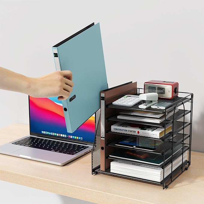 gianotter 6-Tier Paper Organizer With Magazine Holder | Desk Organizers and Accessories, File Organizer for Office Supplies Storag (Black, 6-Tier)