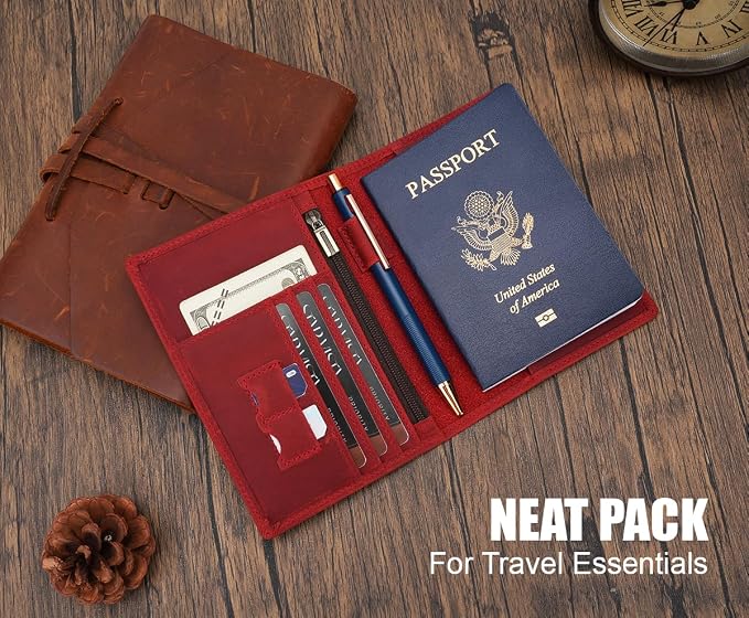 STAR VISTA Phoenix Leather Passport Holder, Full Grain Leather Travel Wallet - Slim, Bifold, RFID Blocking, ID Window, Coin Pocket, Card Slots, SIM Slots, AirTag Holder, Red