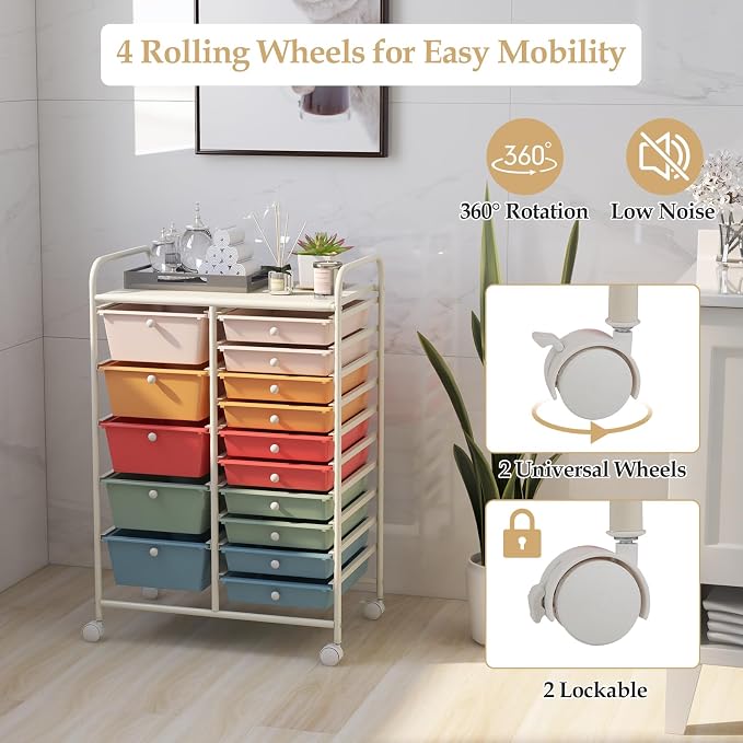 GLACER 15 Drawers Rolling Storage Cart, Steel Frame Craft Organizer Cart | Utility Cart w/Lockable Wheels & Sleek Handle, Mobile Art & Tool Supply Trolley for Teacher, Home, School, Office (Colorful)