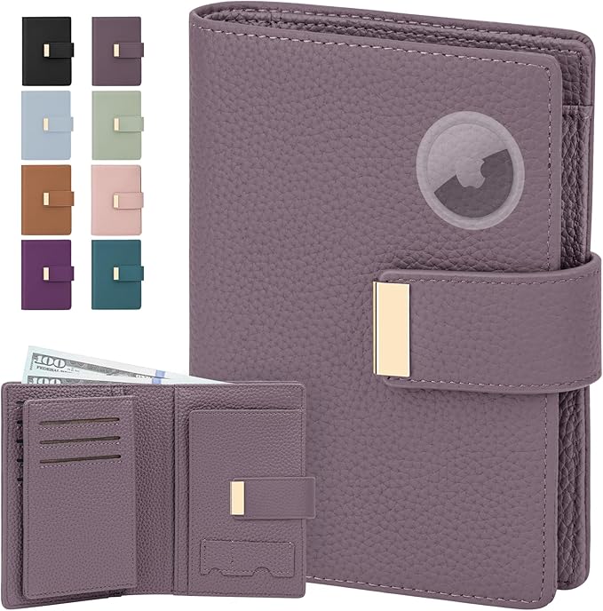 BKNOOU RFID Blocking Passport Holder with Airtag Slot- Leather Travel Passport Wallet for Women, Slim Bifold Travel Passport Holder Holds Cards & Tickets & Cash (Light Purple)