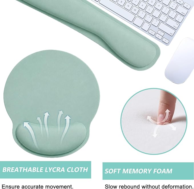 Keyboard Wrist Rest Pad Mouse Pad with Wrist Support Set of 3, Mousepad with Non-Slip Rubber Base, Ergonomic Memory Foam Mouse Wrist Cushion Support for Home Office Laptop Computer, Green