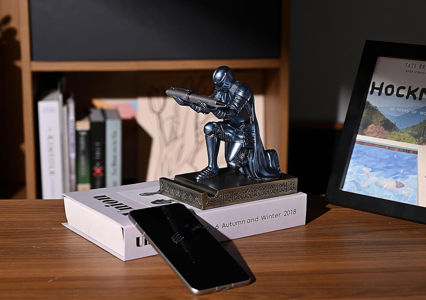 Windbreaker Soldier Knight Pen Holder Personalized Desk Accessory, Mobile Phone & Gaming Controller Holder, Device Stand Gift for Medieval Enthusiasts (Blue)