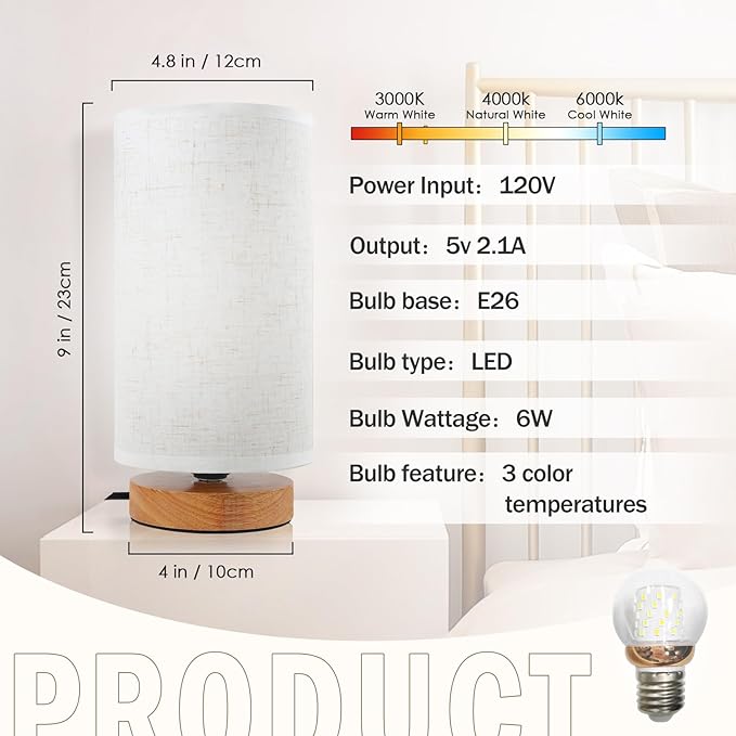 Minimalist Dimmable Nightstand Lamp with Round Fabric Linen Shade, 3 Color Temperatures, Desk & Bedside Lamp for Study, Living Room, Bedroom, Office, Dorm